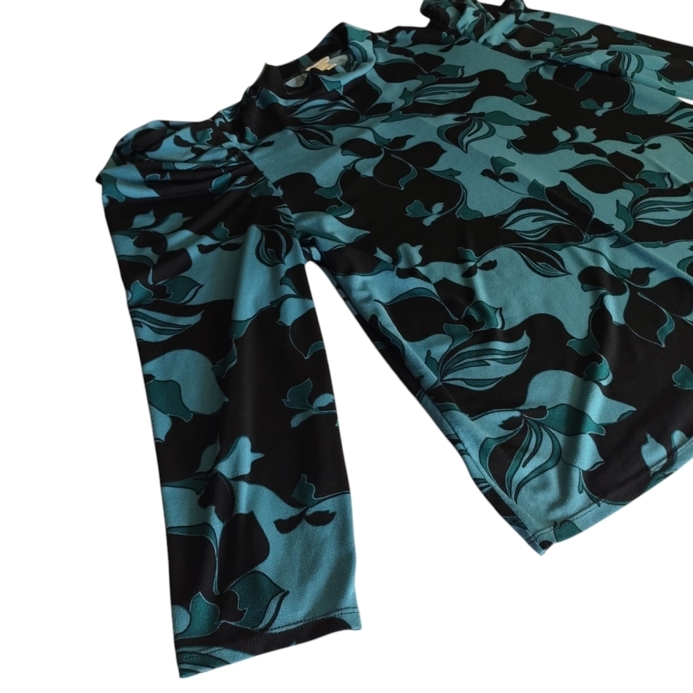 Cato Top Blouse Womens Teal Blue Black Floral Mock Neck Ruched Shoulder Sz 18/20 - Picture 7 of 10